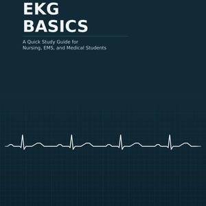 May include: A dark blue book cover titled EKG BASICS: A Quick Study Guide for Nursing, EMS, and Medical Students by Elias Hartwell. The cover features a white electrocardiogram rhythm strip graphic and the text Electrocardiogram Interpretation.