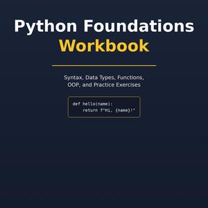 May include: A book cover for "Python Foundations Workbook" by Malte Eisenberg. The title is in large white letters with a yellow underline. The cover includes Python code snippets and a list of topics covered.