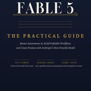 May include: A dark blue book cover titled Claude Fable 5: The Practical Guide. The text reads: A Field Guide to the First Public Mythos-Class Model, Master Autonomous AI, Build Profitable Workflows, and Create Products with Anthropic's Most Powerful Model.