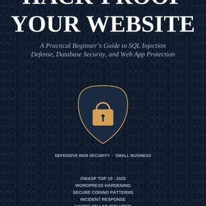Pode incluir: Capa de livro com o título "HACK-PROOF YOUR WEBSITE" em branco sobre fundo azul escuro. Apresenta um ícone de escudo dourado com um cadeado. O livro é um guia prático sobre segurança web.