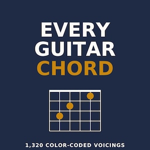 May include: A dark blue book cover titled EVERY GUITAR CHORD, THE COMPLETE CHORD REFERENCE. It features a white grid guitar fretboard diagram with three gold dots, and text stating 1,320 COLOR-CODED VOICINGS FOR STANDARD TUNING, 264 CHORDS, EVERY KEY, 5 VOICINGS EACH, CIRCLESQUARE BOOKS.