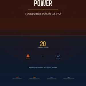 Könnte beinhalten: Buchcover mit dem Titel "CLIMATE WITHOUT POWER" in großen weißen Buchstaben. Der Untertitel lautet "Surviving Heat and Cold Off-Grid". Das Cover enthält auch Informationen über baubare Geräte und eine Liste von Budgetstufen.