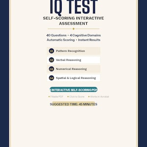 May include: An IQ test graphic with the title "IQ TEST" in large, bold letters. The assessment includes 40 questions, covers 4 cognitive domains, and provides instant results. The suggested time to complete the test is 45 minutes.