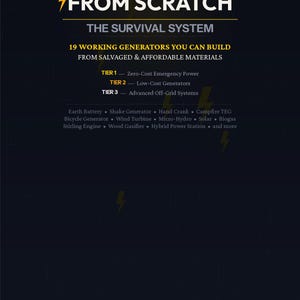 Puede incluir: Portada del libro "Electricity From Scratch" con texto amarillo sobre fondo azul oscuro. El libro detalla cómo construir 19 generadores funcionales a partir de materiales reciclados. Autor: Jose Valladares.