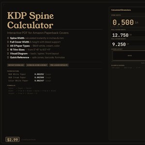 Puede incluir: Un producto digital para cubiertas de libros de bolsillo de Amazon, la KDP Spine Calculator. Calcula el ancho del lomo, el ancho y la altura de la cubierta. El ancho del lomo es de 1,27 cm, el ancho de la cubierta es de 32,39 cm y la altura de la cubierta es de 23,50 cm.