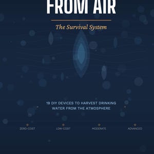 Könnte beinhalten: Buchcover mit dem Titel "WATER FROM AIR" in weißer Schrift auf dunkelblauem Hintergrund. Der Untertitel lautet "The Survival System". Es listet 19 DIY-Geräte zur Gewinnung von Trinkwasser auf. Autor: Jose Valladares.