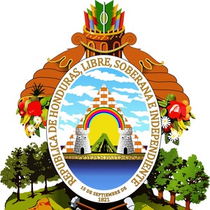 May include: The coat of arms of Honduras features a shield with a rainbow over two stone towers and a mountain. The shield is surrounded by a wreath of flowers and fruit. The text around the shield reads "Republica de Honduras, Libre, Soberana e Independiente" and "15 de Septiembre de 1821".