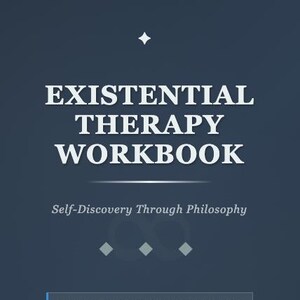 May include: A book cover with the title "EXISTENTIAL THERAPY WORKBOOK" in white capital letters. Below, it reads "Self-Discovery Through Philosophy." The cover is a gradient of dark blue. The author's name is Finn Wolkenstein.