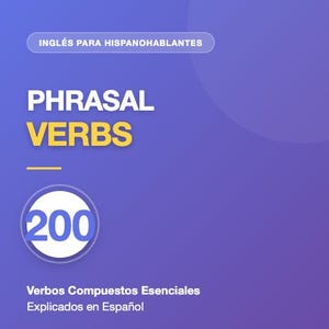 Könnte beinhalten: Buchcover mit lila Farbverlauf. Der Titel "PHRASAL VERBS" steht in großen gelben Buchstaben. Das Buch trägt den Titel "Verbos Compuestos Esenciales Explicados en Español" und hat einen weißen Kreis mit der Zahl "200".