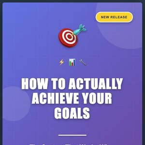 May include: A book cover with a purple gradient background. The title reads "HOW TO ACTUALLY ACHIEVE YOUR GOALS". The cover includes a dart hitting a target, lightning bolt, chart, and wrench icons. The author is Frank Roberts.
