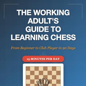 Puede incluir: Portada del libro "The Working Adult's Guide to Learning Chess". La portada presenta un tablero de ajedrez con una corona y texto que indica que el libro es para principiantes y jugadores de club en 90 días, con 15 minutos diarios. Autor: Aiden Sol.