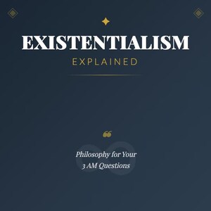 Może przedstawiać: Okładka książki z tytułem "EXISTENTIALISM EXPLAINED" w białym tekście na ciemnoniebieskim tle. Książka autorstwa Ethana Crossa, wydana przez Circlesquare Books. Okładka zawiera tekst "Philosophy for Your 3 AM Questions."