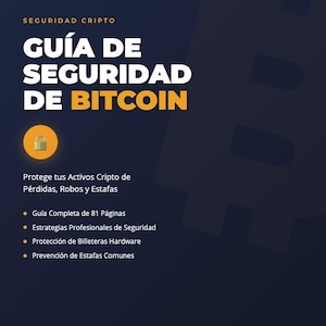 May include: A dark blue book cover with the title "GUÍA DE SEGURIDAD DE BITCOIN" in white and yellow text. The book includes information on protecting crypto assets, with bullet points listing topics like security strategies and hardware wallet protection. The author is Marcus Chen.