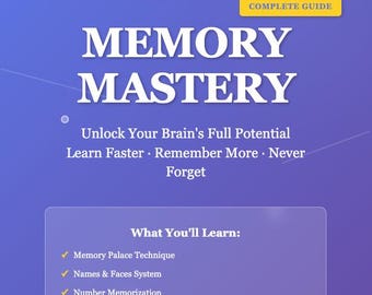 Memory Mastery eBook | Memory Training Guide | Memory Palace Technique | Learn Faster Remember More | Study Skills PDF