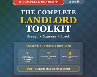 May include: A complete landlord toolkit with the text "THE COMPLETE LANDLORD TOOLKIT." The image includes a property management planner, expense tracker, and tenant screening kit. The toolkit includes over 103 pages of professional forms.