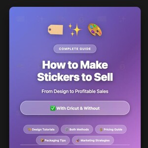 Peut inclure: Un guide numérique intitulé "How to Make Stickers to Sell" sur fond violet. La couverture comprend des icônes, le texte "Complete Guide" et des sous-titres tels que des tutoriels de conception et des stratégies de marketing. Écrit par Jose Valladares.