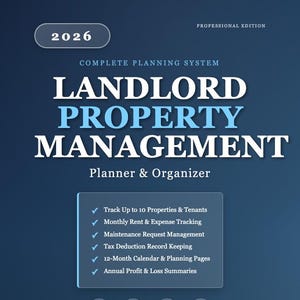 May include: A complete planning system for Landlord Property Management. The cover features the text "LANDLORD PROPERTY MANAGEMENT" in white and blue, with "2026" at the top. Includes features like rent tracking, expense tracking, and tax deduction record keeping. Published by Circle Square Books.