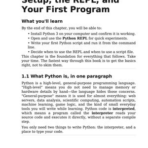 May include: A page from a book titled "Setup, the REPL, and Your First Program." The text explains Python, a high-level, general-purpose programming language, and what the reader will learn in the chapter.