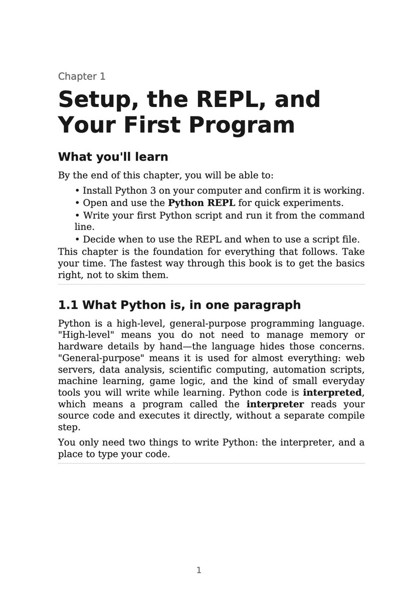 May include: A page from a book titled "Setup, the REPL, and Your First Program." The text explains Python, a high-level, general-purpose programming language, and what the reader will learn in the chapter.