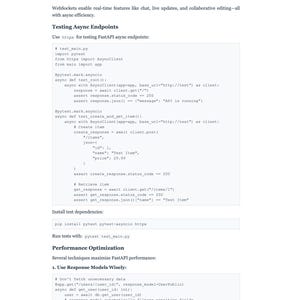 Puede incluir: Una p&aacute;gina blanca con texto negro que detalla el c&oacute;digo para probar puntos finales as&iacute;ncronos. El texto incluye fragmentos de c&oacute;digo Python, declaraciones de importaci&oacute;n y definiciones de funciones. El documento se titula "PART TWO: BUILDING ASYNC APPLICATIONS".