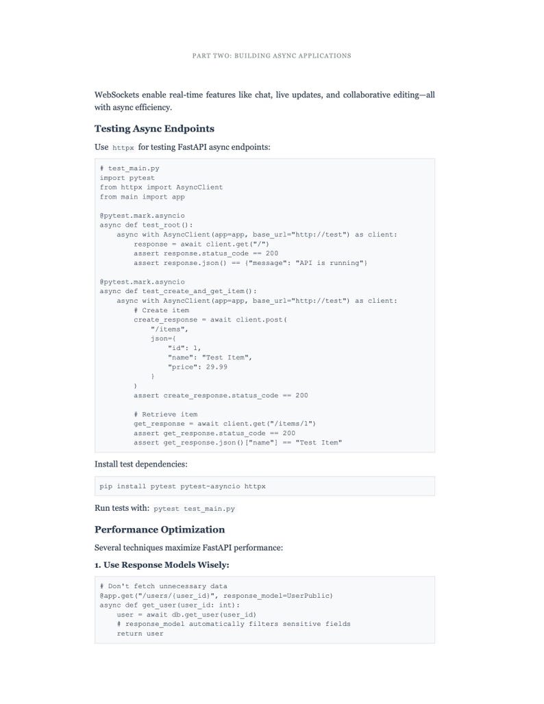 Puede incluir: Una p&aacute;gina blanca con texto negro que detalla el c&oacute;digo para probar puntos finales as&iacute;ncronos. El texto incluye fragmentos de c&oacute;digo Python, declaraciones de importaci&oacute;n y definiciones de funciones. El documento se titula "PART TWO: BUILDING ASYNC APPLICATIONS".