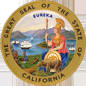 May include: The Great Seal of the State of California, a circular emblem with a gold border. It features a woman, a bear, ships, and the text "EUREKA" and "CALIFORNIA". The image is a colorful illustration with a detailed design.