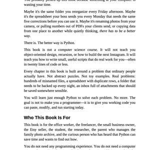 K&ouml;nnte beinhalten: Buchseite mit dem Titel "Introduction - Why This Book Exists". Der Text beschreibt das Ziel des Buches: Python zu lehren, um allt&auml;gliche Computerprobleme zu l&ouml;sen, wobei sich das Buch an B&uuml;roangestellte, Freiberufler und Etsy-Verk&auml;ufer richtet.