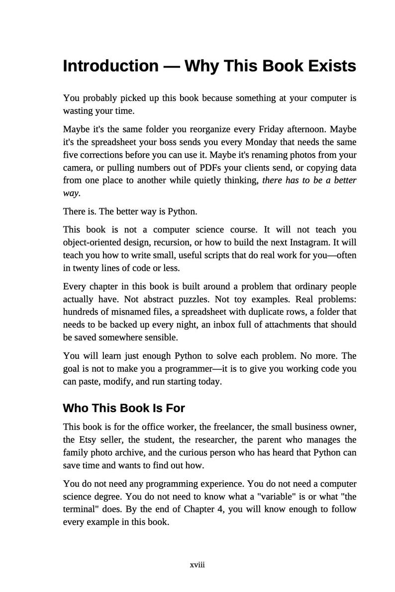 K&ouml;nnte beinhalten: Buchseite mit dem Titel "Introduction - Why This Book Exists". Der Text beschreibt das Ziel des Buches: Python zu lehren, um allt&auml;gliche Computerprobleme zu l&ouml;sen, wobei sich das Buch an B&uuml;roangestellte, Freiberufler und Etsy-Verk&auml;ufer richtet.