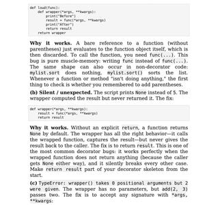 May include: A page from a textbook titled "Decorators" with code examples and explanations. The text includes Python code snippets, problem descriptions, and solutions related to function wrappers and decorators.
