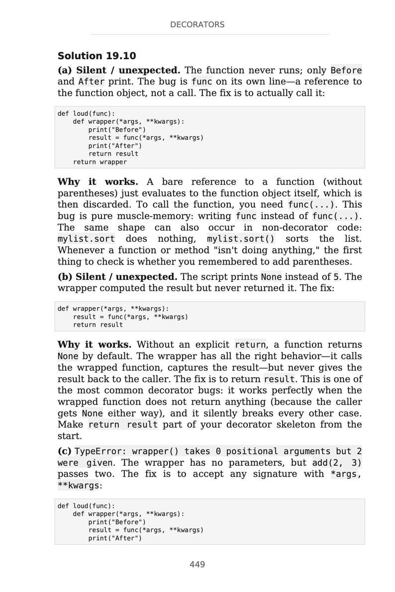 May include: A page from a textbook titled "Decorators" with code examples and explanations. The text includes Python code snippets, problem descriptions, and solutions related to function wrappers and decorators.