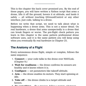 May include: A book page titled "First Flight with Code" detailing drone flight programming. The text outlines steps for drone operation, including connecting, readiness checks, configuration, arming, takeoff, mission execution, and landing.