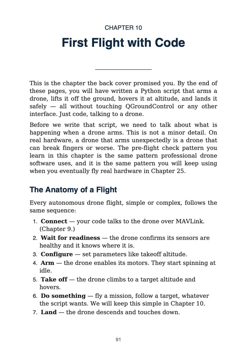 May include: A book page titled "First Flight with Code" detailing drone flight programming. The text outlines steps for drone operation, including connecting, readiness checks, configuration, arming, takeoff, mission execution, and landing.