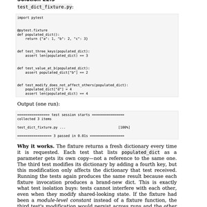 May include: A white page with the title "TESTING" at the top. The page contains code snippets, test results, and explanations. The text includes "test_dict_fixture.py" and "test_stack.py".