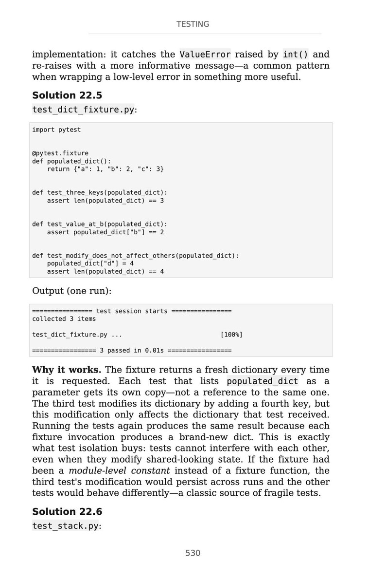 May include: A white page with the title "TESTING" at the top. The page contains code snippets, test results, and explanations. The text includes "test_dict_fixture.py" and "test_stack.py".
