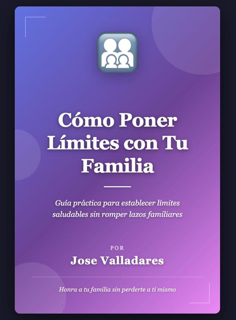 Peut inclure: Couverture de livre avec un fond d&eacute;grad&eacute; violet et bleu. Le titre "C&oacute;mo Poner L&iacute;mites con Tu Familia" est en blanc, en gras. Le nom de l'auteur, Jose Valladares, est &eacute;galement pr&eacute;sent&eacute;. La couverture comprend le texte "Gu&iacute;a pr&aacute;ctica para establecer l&iacute;mites saludables sin romper lazos familiares."