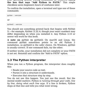 May include: A page from a programming guide titled "Setup, the REPL, and Your First Program." The text explains installing Python, including checking the "Add Python to PATH" box. It also covers the Python interpreter and how it works.