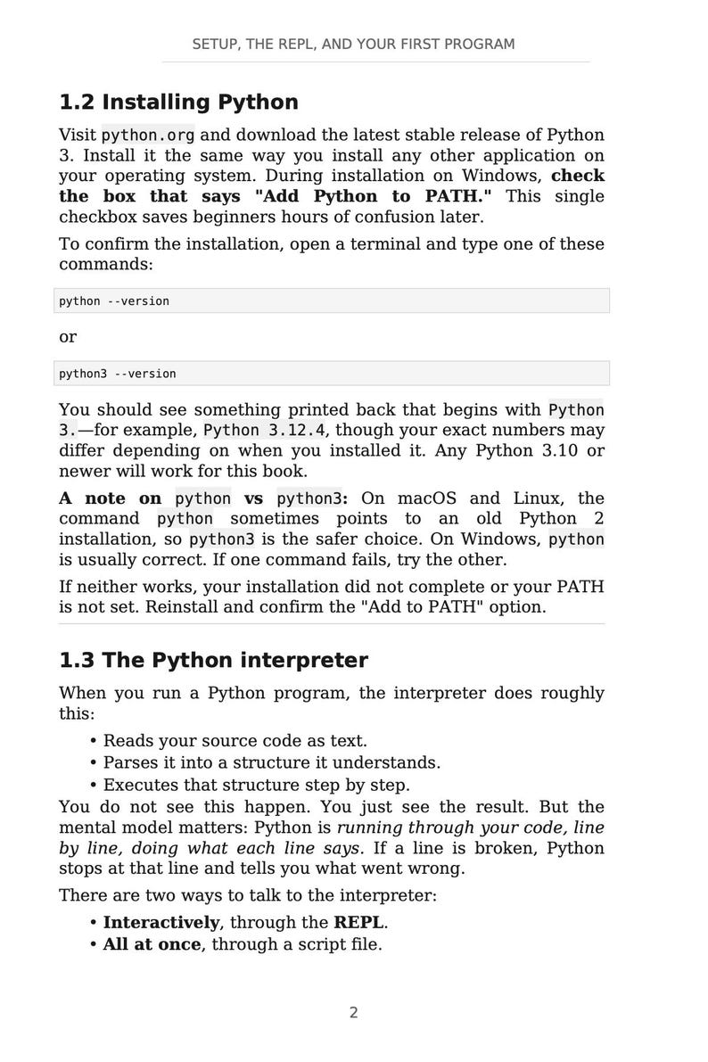 May include: A page from a programming guide titled "Setup, the REPL, and Your First Program." The text explains installing Python, including checking the "Add Python to PATH" box. It also covers the Python interpreter and how it works.