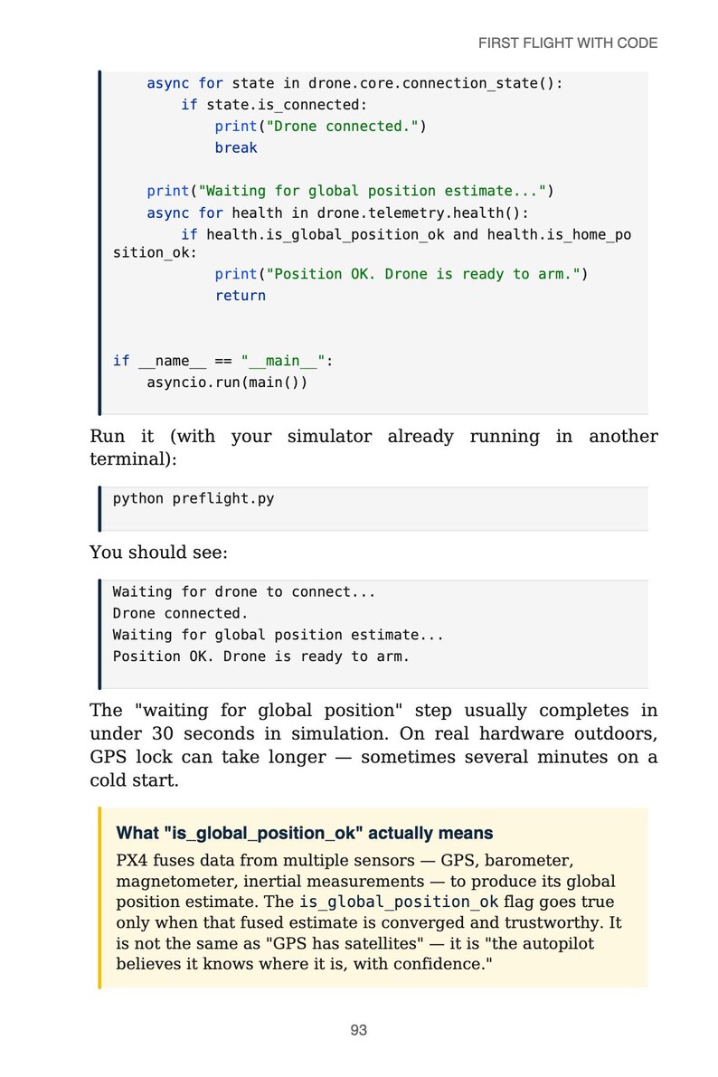 May include: A screenshot of Python code for drone flight, titled "FIRST FLIGHT WITH CODE." The code displays commands and outputs, including "Drone connected" and "Position OK. Drone is ready to arm."