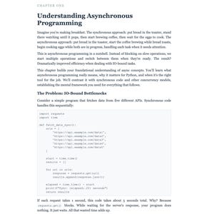 Puede incluir: Una p&aacute;gina blanca de un libro con el t&iacute;tulo "Understanding Asynchronous Programming". El texto explica conceptos de programaci&oacute;n as&iacute;ncrona, incluyendo cuellos de botella de E/S, con ejemplos de c&oacute;digo Python. La p&aacute;gina es de la secci&oacute;n "Async Fundamentals".