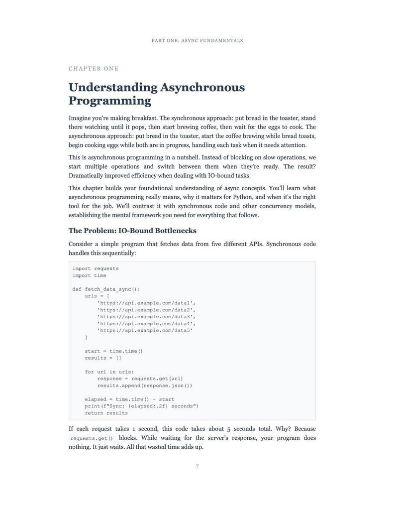 Puede incluir: Una p&aacute;gina blanca de un libro con el t&iacute;tulo "Understanding Asynchronous Programming". El texto explica conceptos de programaci&oacute;n as&iacute;ncrona, incluyendo cuellos de botella de E/S, con ejemplos de c&oacute;digo Python. La p&aacute;gina es de la secci&oacute;n "Async Fundamentals".