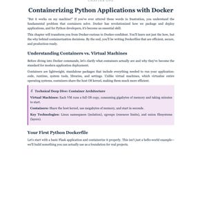 May include: A page from a technical book titled "Containerizing Python Applications with Docker." The text explains Docker, containers, and virtual machines, with key technologies listed. The chapter is about containerisation and orchestration.