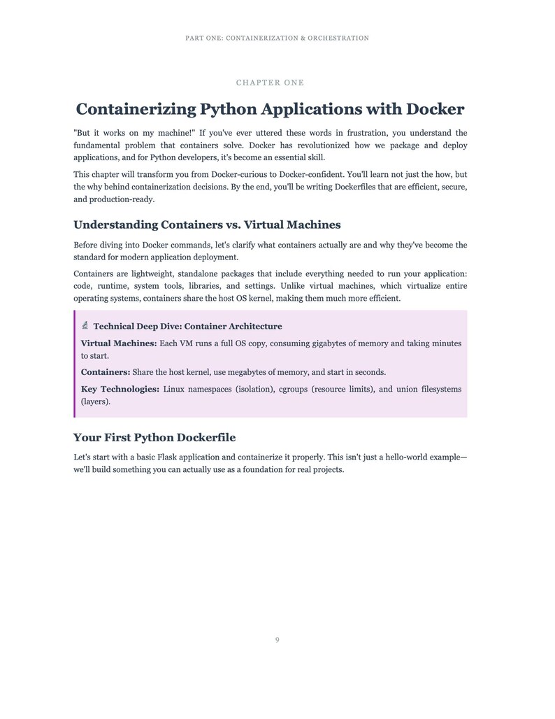 May include: A page from a technical book titled "Containerizing Python Applications with Docker." The text explains Docker, containers, and virtual machines, with key technologies listed. The chapter is about containerisation and orchestration.