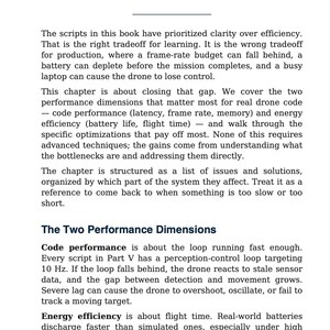 May include: A book page titled "Performance Optimization," Chapter 26. The text covers code performance, energy efficiency, and optimising drone code. The page includes text and the number 287 at the bottom.
