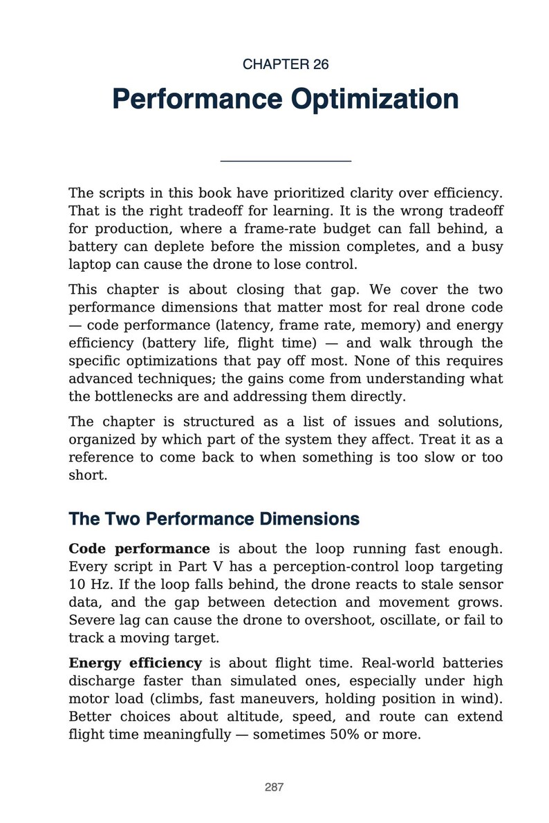 May include: A book page titled "Performance Optimization," Chapter 26. The text covers code performance, energy efficiency, and optimising drone code. The page includes text and the number 287 at the bottom.