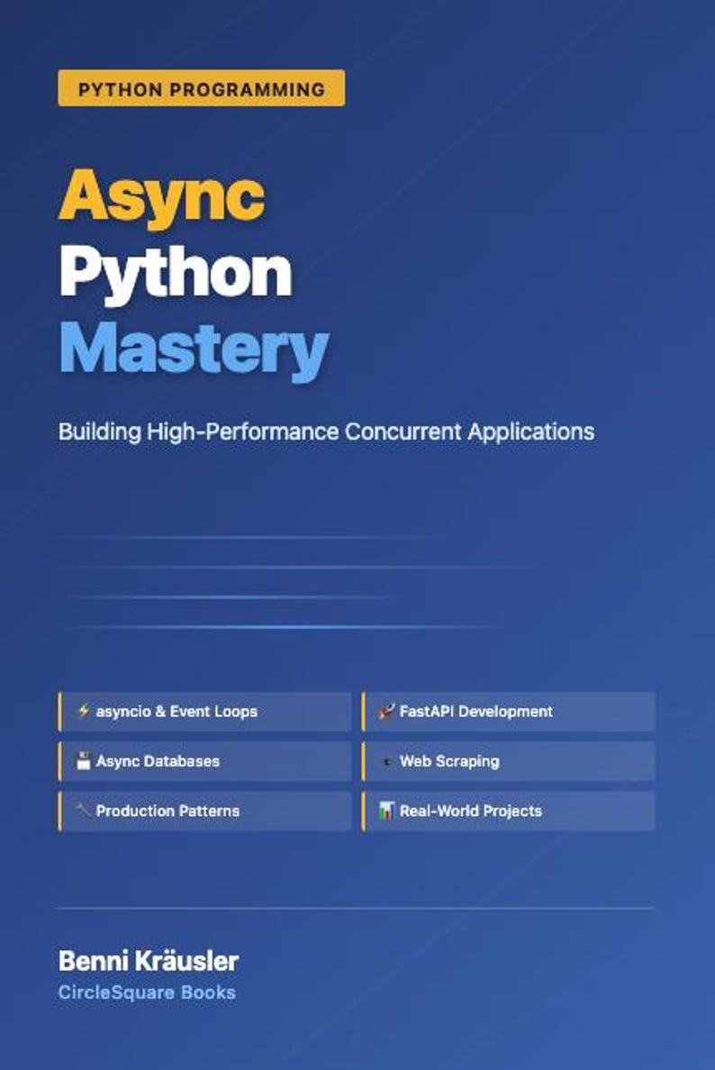 Puede incluir: Portada del libro "Async Python Mastery" con un fondo degradado azul. El t&iacute;tulo est&aacute; en letras grandes amarillas y blancas. El libro trata sobre la construcci&oacute;n de aplicaciones concurrentes de alto rendimiento. El libro tambi&eacute;n cubre asyncio & Event Loops, Async Databases y Production Patterns.