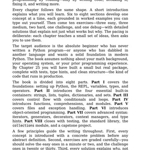 May include: A page from a Python programming workbook titled "Preface". The text describes the book's structure, target audience, and content, including exercises and code examples. The book is designed for beginners.