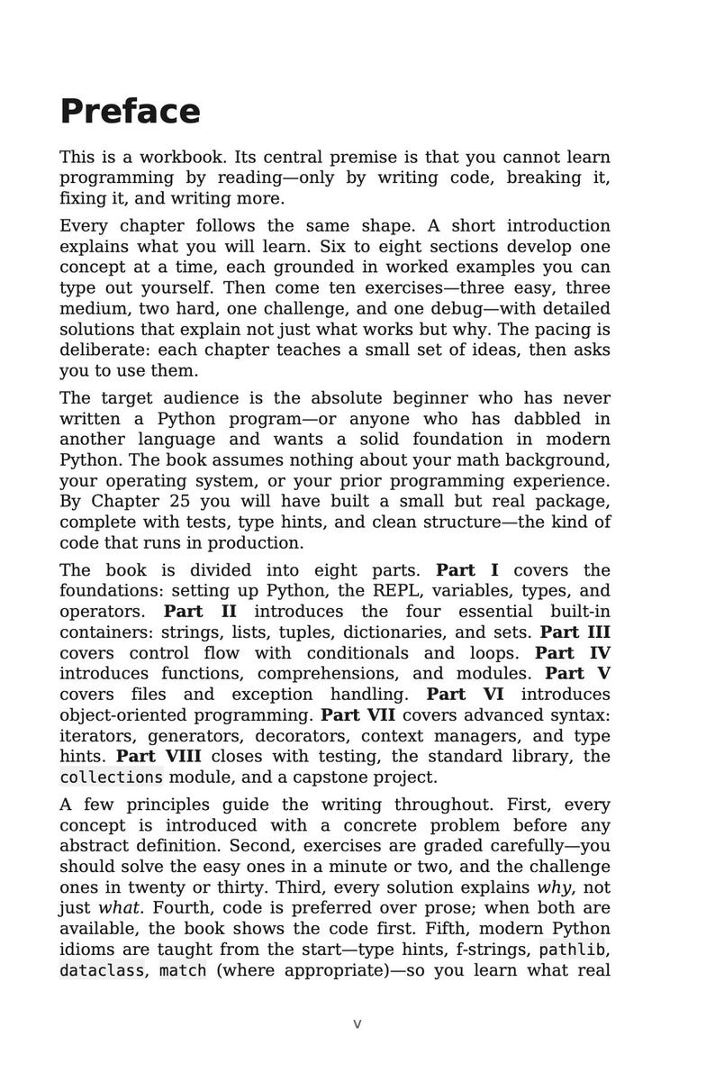 May include: A page from a Python programming workbook titled "Preface". The text describes the book's structure, target audience, and content, including exercises and code examples. The book is designed for beginners.