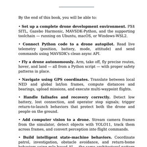 May include: A white background with black text detailing skills. The title reads "What You Will Be Able to Do." The text describes setting up a drone development environment, connecting Python code to a drone, and navigating using GPS coordinates.