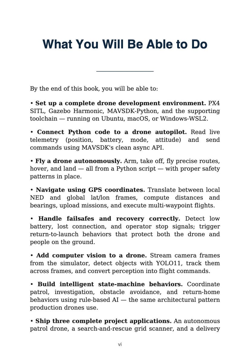 May include: A white background with black text detailing skills. The title reads "What You Will Be Able to Do." The text describes setting up a drone development environment, connecting Python code to a drone, and navigating using GPS coordinates.