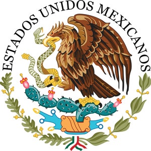 May include: The national coat of arms of Mexico features a golden eagle perched on a prickly pear cactus, with a snake in its beak. The eagle is facing left, with its wings spread. The cactus is green, with red flowers. The eagle and cactus are surrounded by a wreath of oak and laurel leaves. The words "Estados Unidos Mexicanos" are written in a circle around the eagle and cactus.